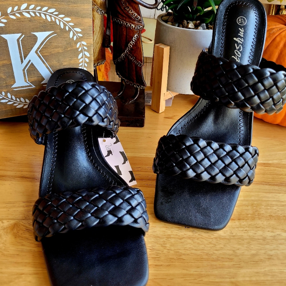 mysoft Women's Braided Heeled Sandals Strappy Square Open Toe Slip On Mules